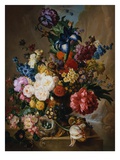 Poppies  Peonies and Other Assorted Flowers in a Terracotta Vase on a Stone Plinth with a Bird's Ne