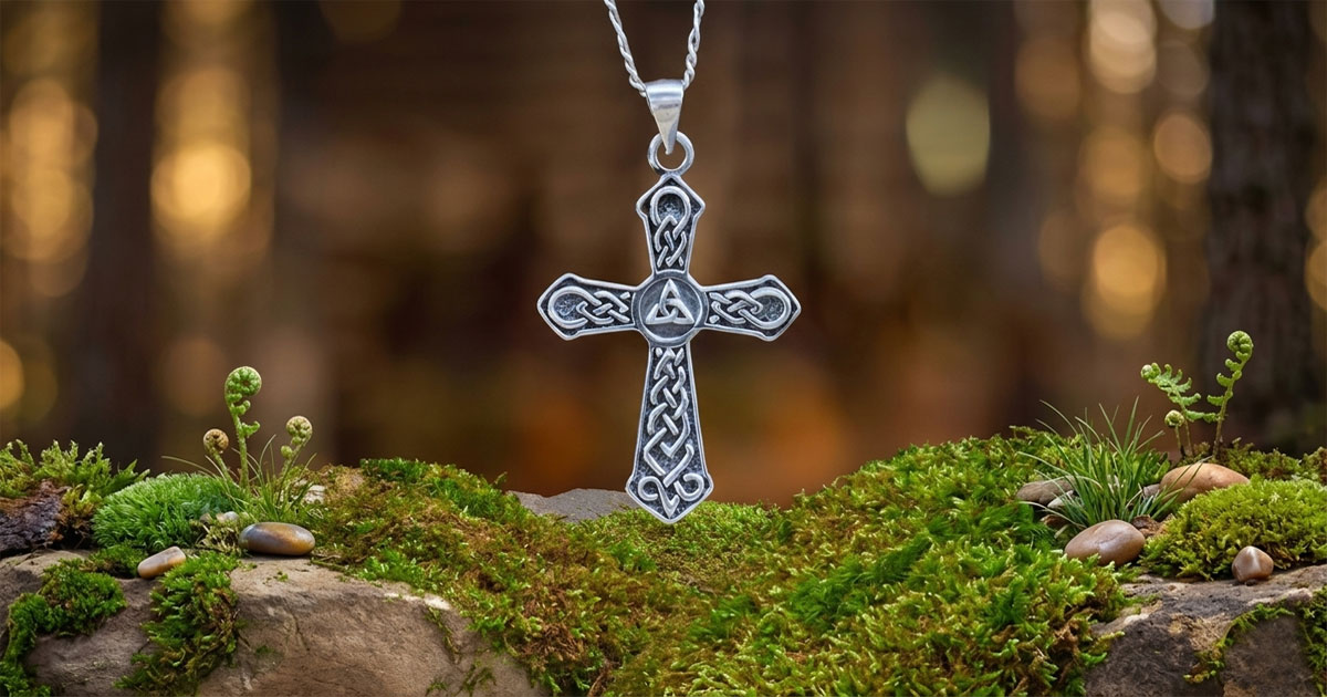 Celtic cross pendant with Trinity knot detail set on moss with soft forest background