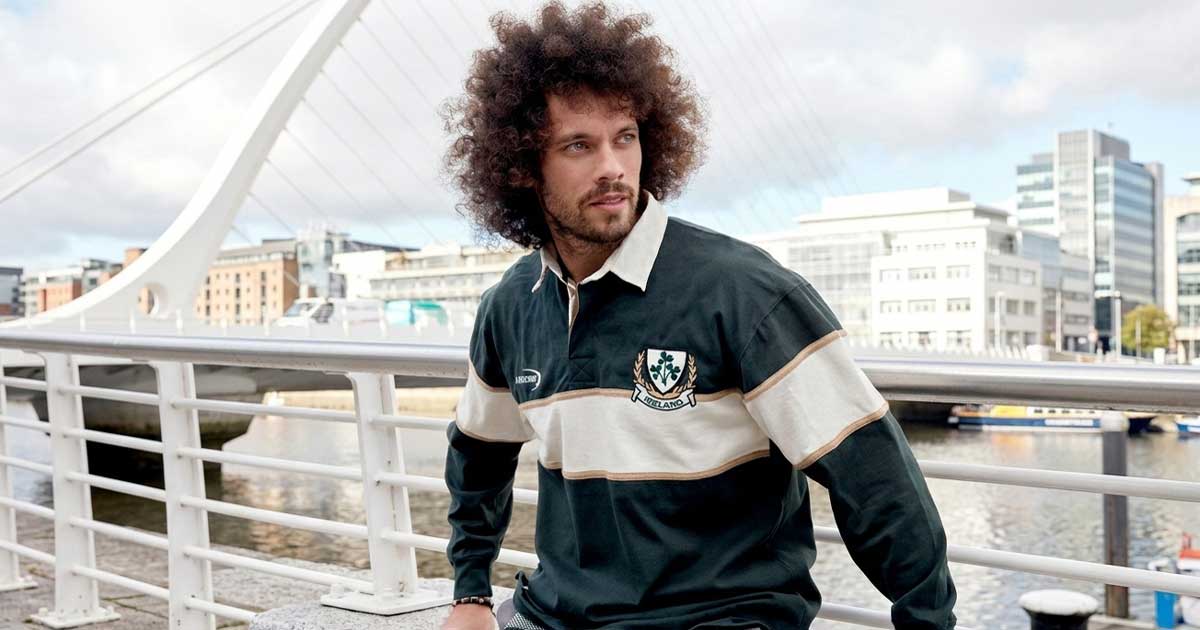 Irish rugby shirt with crest worn outdoors in a modern city setting