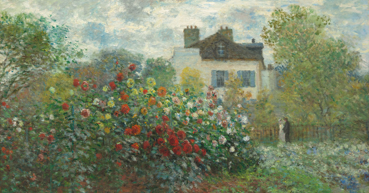 Claude Monet floral garden painting in Argenteuil with colorful flowers and house