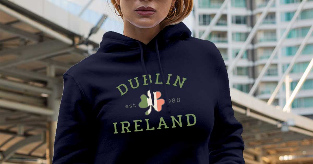 Irish hoodie with Dublin Ireland shamrock design on navy sweatshirt